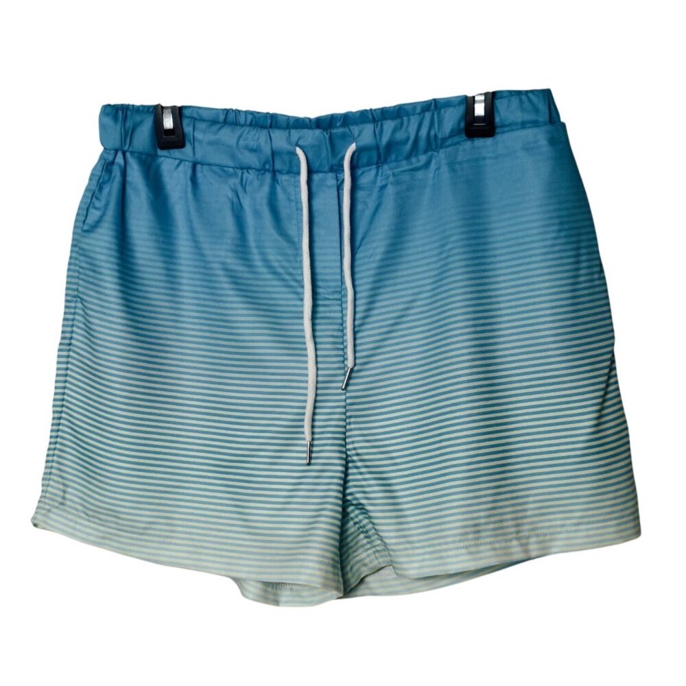 Mens Swim Shorts M Blue Striped Pocket Hybrid Elastic Waist Drawstring Pool Swim